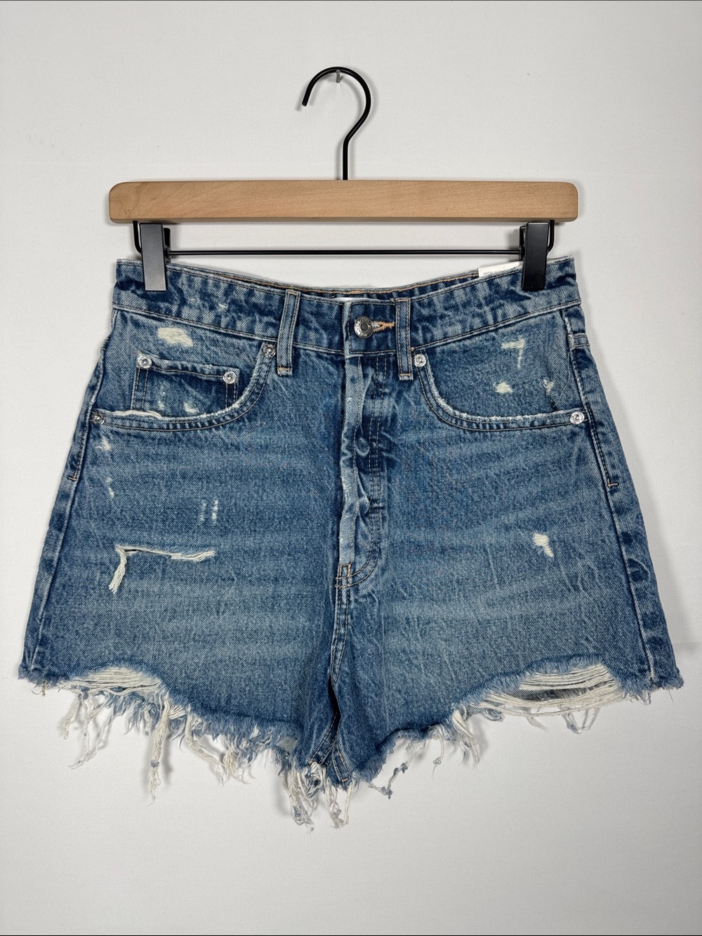WS47 {Zara} Blue High Rise Button Fly Distress Cutoff Denim Jean Shorts
